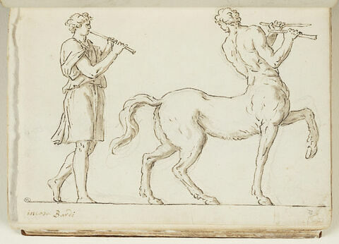 Un jeune homme marchant en jouant de la flûte précède un centaure..., image 1/2