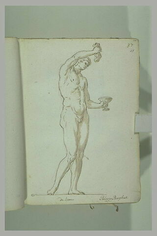 Homme nu, debout, tourné vers la droite et tenant, de son bras droit levé..., image 2/2