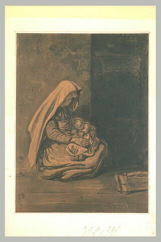 Femme auvergnate assise par terre, tenant un enfant, image 1/1
