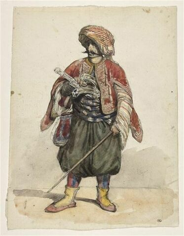 Un turc debout, coiffé d'un turban rayé de rouge, de jaune et de blanc