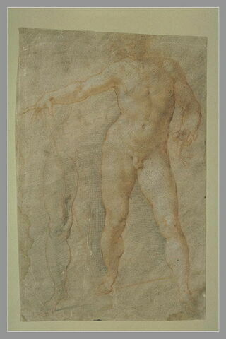 Homme nu, debout, bras droit étendu, et reprise de la hanche et jambe gauche, image 1/1