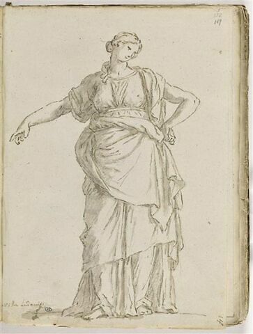 Femme drapée, debout, vue de face, le bras gauche replié sur la hanche..., image 1/2