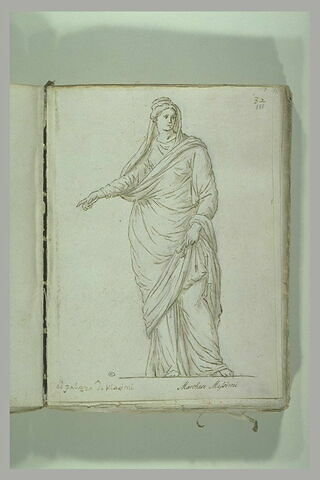 Femme debout, drapée et voilée, le bras gauche tendu, la main droite..., image 1/1