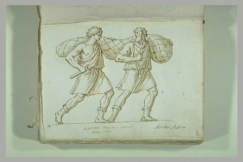 Deux hommes portant un filet et marchant vers la droite