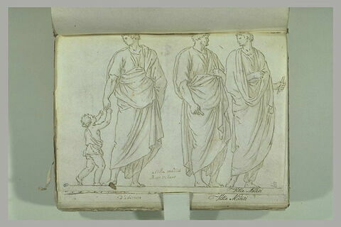 Trois figures d'hommes drapés, celui de gauche tenant un enfant par la main, image 1/1