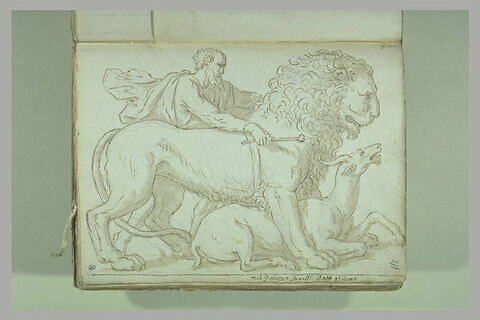 Un lion dominant une antilope, un homme drapé retenant le lion