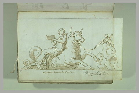 Jeune femme tenant une boîte, assise sur un taureau marin retenu par l'Amour