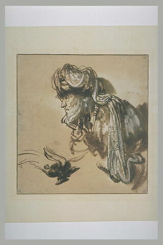 Tête d'homme coiffé d'un turban et oiseau de paradis couché, image 1/1