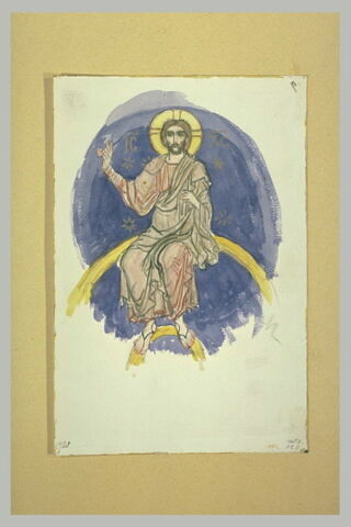 Le Christ assis sur le globe terrestre, la main droite levée, image 1/1