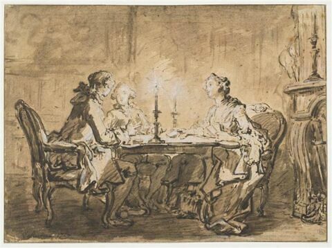 Deux gentilshommes et une dame jouant aux cartes