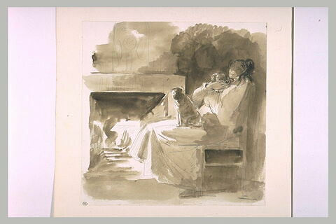 Femme assise sur un fauteuil près d'une cheminée, avec un enfant et un chien, image 1/1
