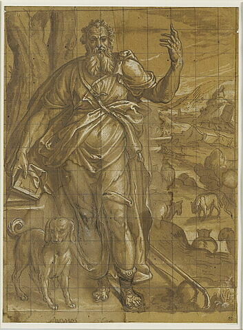 Figure du prophète Amos, vêtu à l'antique et paysage à droite
