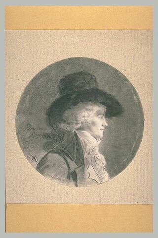 Portrait d'homme en buste, de profil à droite, coiffé d'un chapeau, image 1/1