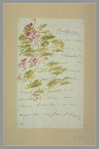 Fleurs et feuillage décorant une lettre à Isabelle Lemonnier