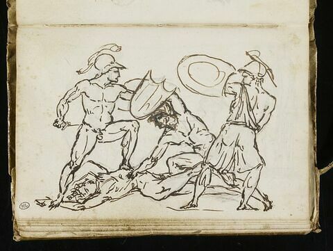 Trois guerriers combattant autour d'un quatrième gisant à terre