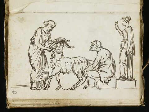 Homme trayant une chèvre retenue par une femme devant une statue féminine posée sur un socle (Perséphone?)