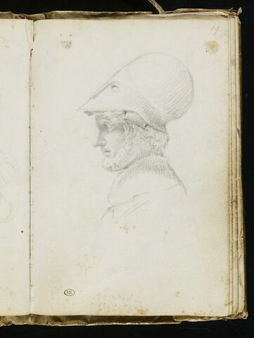 Buste d'homme barbu casqué de profil à gauche  : Périclès