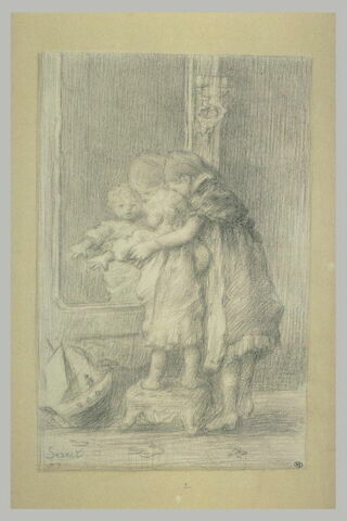 Petite fille et jeune enfant sur un tabouret