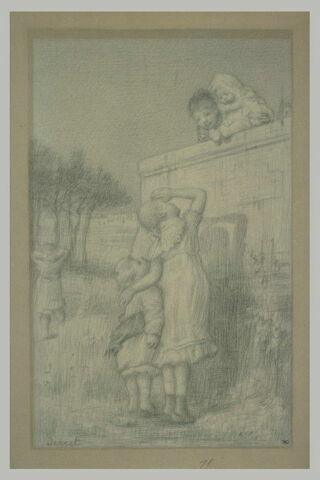 Petites filles regardant deux enfants apparaissant au sommet d'un mur