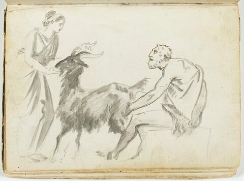 Homme et femme occupés à traire une chèvre