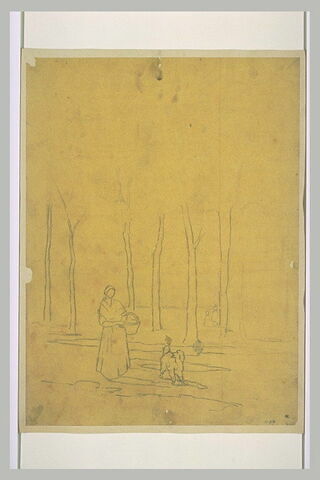 Paysanne portant un panier, se promenant  accompagnée d'un caniche, image 1/1