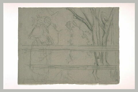 Femme accoudée à une balustrade, entourant un pré boisé, image 1/1