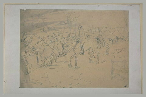 Cavaliers en costume de chasse traversant un petit vallon, image 1/1