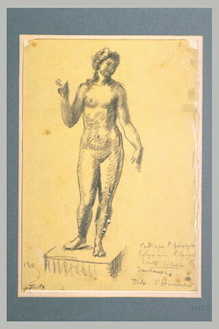 Femme nue, debout, de face, sur un piédestal, étude pour une statue, image 1/1