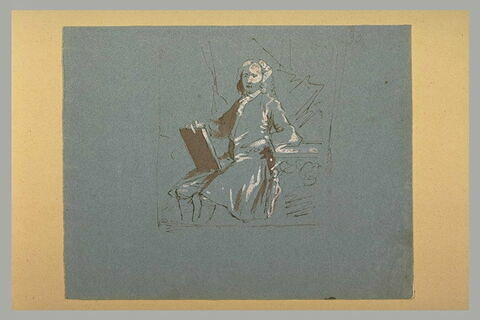 Homme en costume époque Louis XV, assis, tenant un livre
