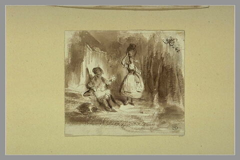 Chasseur assis, sur un petit talus conversant avec une femme, image 1/1