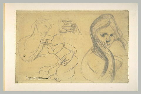 Femme donnant à boire à un enfant ; main tenant un verre ; buste de femme, image 1/1