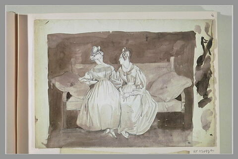 Deux femmes en costume 1825-30, assises sur un canapé, image 1/1