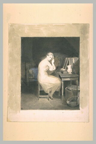 Jeune femme se peignant devant une table de toilette, image 1/1
