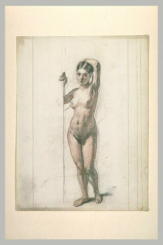 Femme nue, debout, de face, le bras gauche sur la tête
