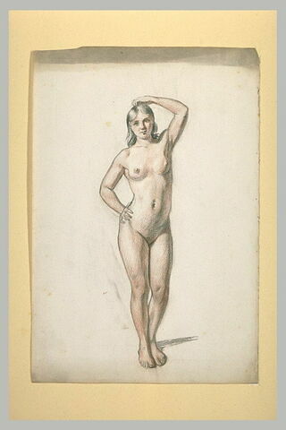 Femme nue debout, de face, la main gauche sur la tête