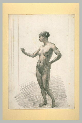 Femme nue, debout, la main gauche sur la hanche, tendant le bras droit