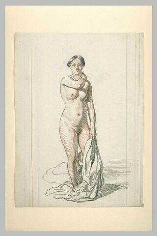 Femme nue, debout, de face, tenant une draperie, image 1/1