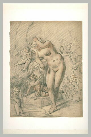 Femme nue, debout, penchée en avant, appuyée à un rocher, entourée d'Amours, image 1/1