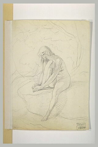 Femme nue, assise sur un rocher, tenant son pied droit