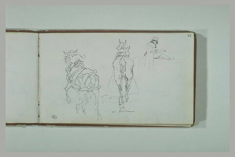 Deux études d'un cheval attelé ; homme assis à terre dessinant, image 2/2