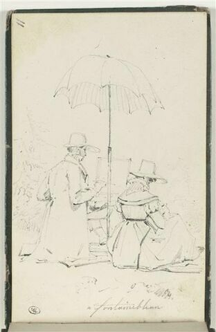 Artiste à son chevalet avec une femme, sous une ombrelle, à Fontainebleau