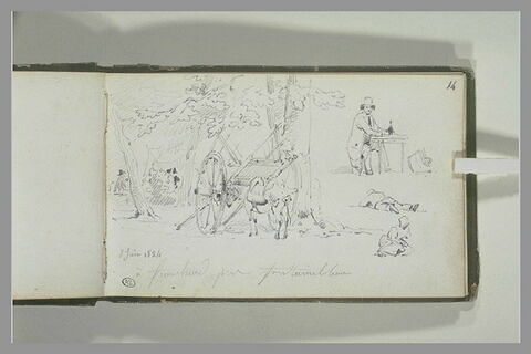 Charrette dans un bois, et personnages à Franchard, près de Fontainebleau, image 1/1
