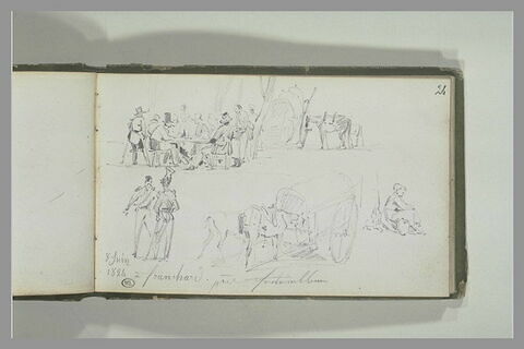 Hommes attablés, charrettes, personnages à Franchard, près de Fontainebleau, image 1/1