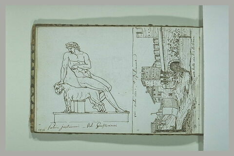 Vue de la rue Sainte-Bibianne ; statue du Bacchus assis sur sa panthère du palais Giustiniani