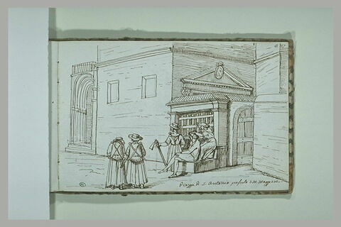 Groupe de personnages avec une femme épouillant un homme, devant un bâtiment, sur la Piazza di San Antonio,  à Rome, image 1/1