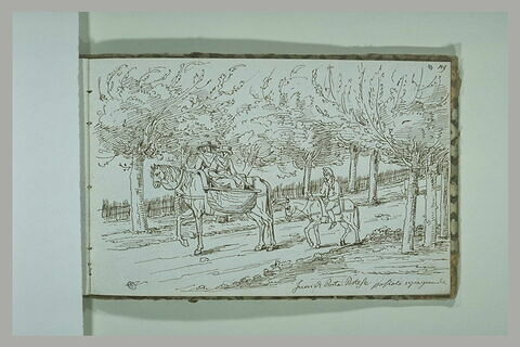 Personnages à cheval ou sur un âne, sur un chemin bordé d'arbres, image 1/1