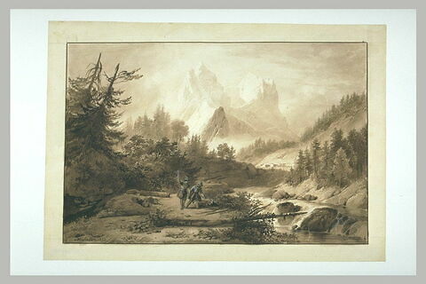 Homme fendant du bois, et un autre tenant une arbalète, dans la montagne, image 1/1
