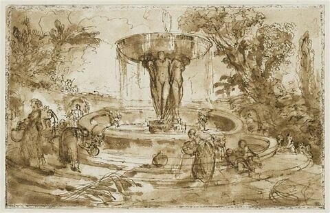 Femmes et enfants près d'une fontaine, ornée d'une vasque
