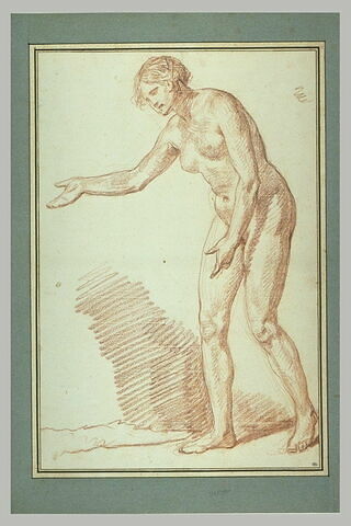 Femme nue, debout, penchée, de trois quarts vers la gauche