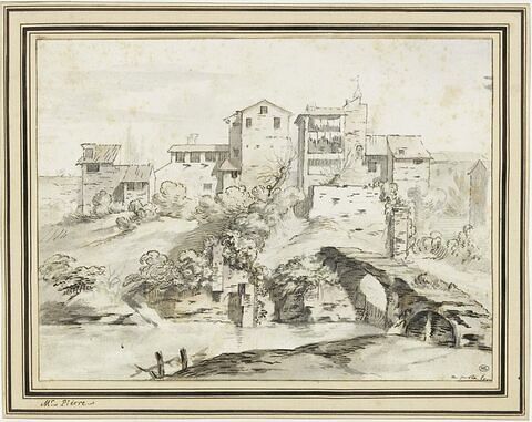 Vue de maisons dominant un embarcadère sur les bords du Tibre à Rome